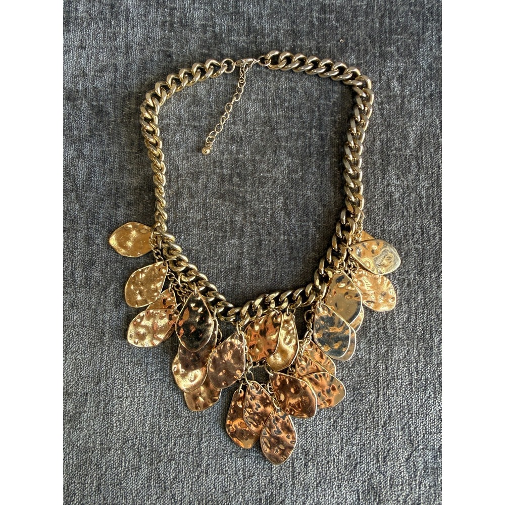 Chunky Gold Tone Curb Chain Statement Necklace Hammered Teardrop‎ Bib Dangle